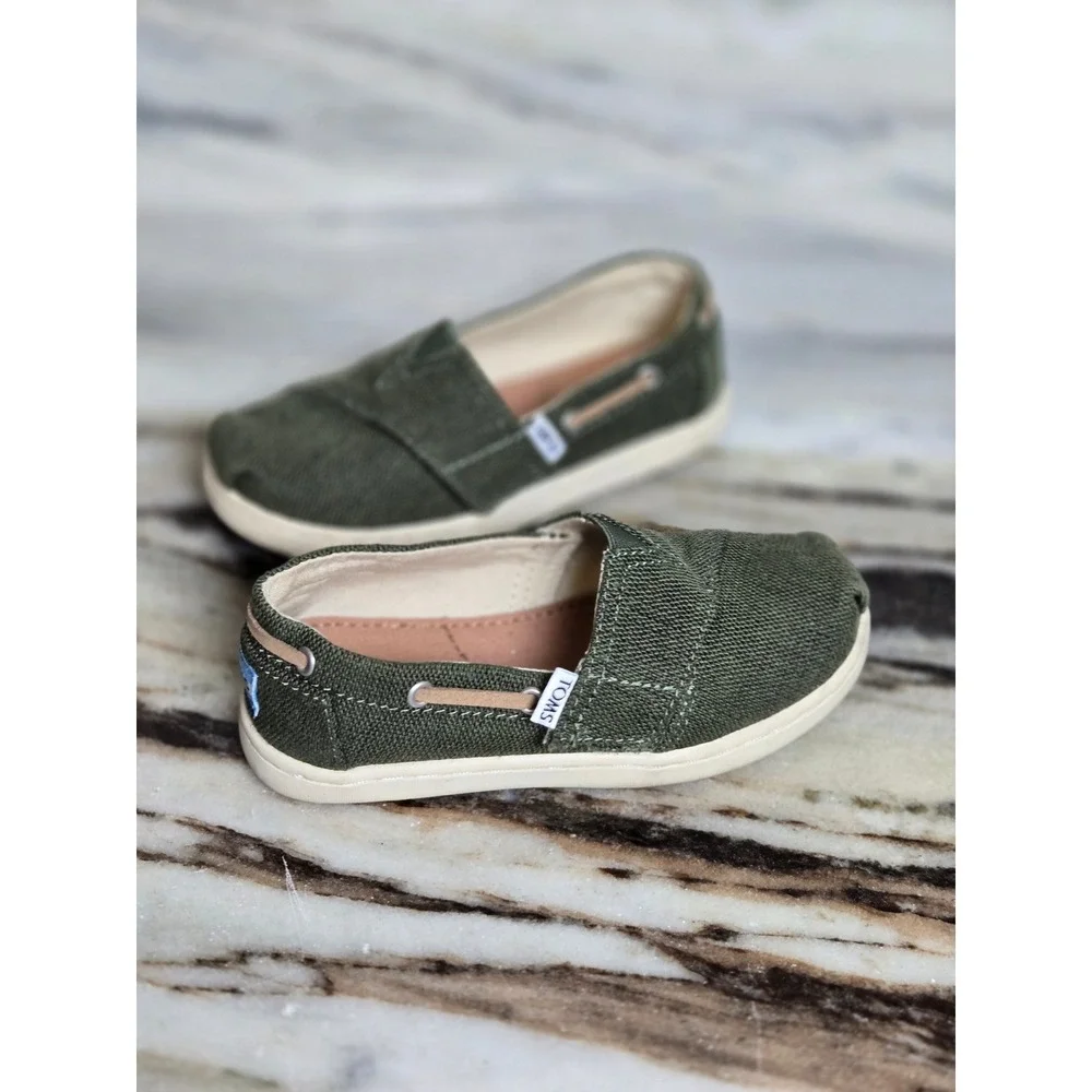 TOMS Kids Bimini Olive Green Canvas Slip On Boat Shoes‎ Hook Loop Size 10